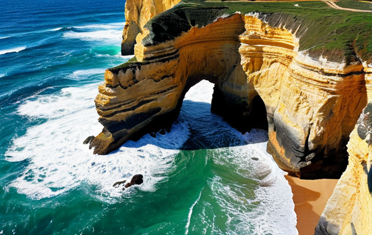 **

"Dramatic cliffs of the Rota Vicentina, Portugal, Atlantic coast, waves crashing, hiker on trail, sunny day, vibrant colors, sense of adventure, aerial view."

**