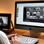 A photographer, deeply engaged in curating their personal photography blog on a large, sleek monitor, surrounded by warm, inviting light. The screen displays beautifully arranged authentic photographs with descriptive text, emphasizing storytelling and connection. In the foreground, subtle elements like a vintage camera, a journal, or prints suggest a hands-on, genuine approach, contrasting with a blurred background that hints at the overwhelming noise of generic social media feeds. The atmosphere is calm, artistic, and focused, portraying the blog as a true personal gallery and a sanctuary for artistic vision.