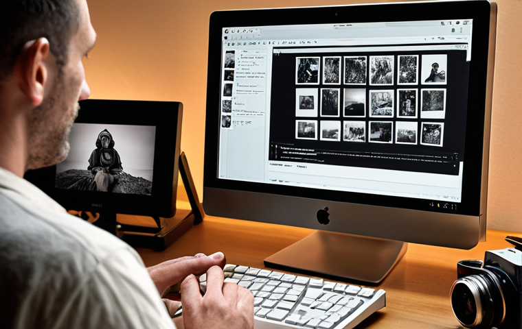 A photographer, deeply engaged in curating their personal photography blog on a large, sleek monitor, surrounded by warm, inviting light. The screen displays beautifully arranged authentic photographs with descriptive text, emphasizing storytelling and connection. In the foreground, subtle elements like a vintage camera, a journal, or prints suggest a hands-on, genuine approach, contrasting with a blurred background that hints at the overwhelming noise of generic social media feeds. The atmosphere is calm, artistic, and focused, portraying the blog as a true personal gallery and a sanctuary for artistic vision.