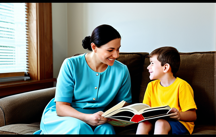 A parent, fully clothed in modest, comfortable home attire, gently reads a physical storybook aloud to two children (one boy, one girl) aged approximately 6 and