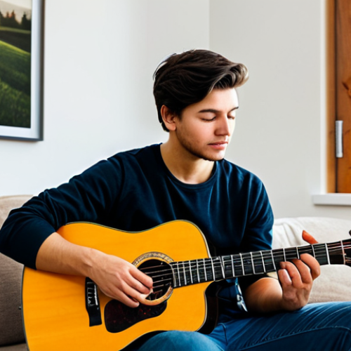 Home 24 A focused young adult, fully clothed in comfortable and modest everyday attire, playing an acoustic guitar while looking at a tablet displaying an interactive music learning application. The scene is set in a cozy, well-lit home corner with warm, inviting decor, creating an inspiring and distraction-free musical space. Perfect anatomy, correct proportions, natural pose, well-formed hands, proper finger count, natural body proportions. Safe for work, appropriate content, fully clothed, family-friendly, professional photography, high quality.