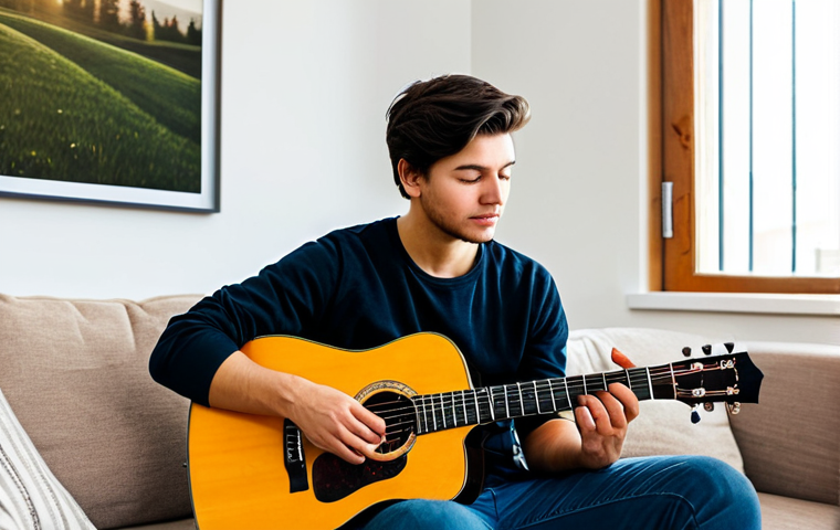 A focused young adult, fully clothed in comfortable and modest everyday attire, playing an acoustic guitar while looking at a tablet displaying an interactive music learning application. The scene is set in a cozy, well-lit home corner with warm, inviting decor, creating an inspiring and distraction-free musical space. Perfect anatomy, correct proportions, natural pose, well-formed hands, proper finger count, natural body proportions. Safe for work, appropriate content, fully clothed, family-friendly, professional photography, high quality.