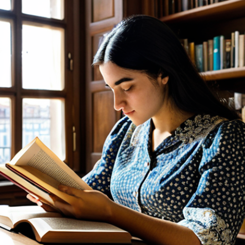 Home 22 **
"A serene library scene in Lisbon, Portugal. A young woman with dark hair, fully clothed in a modest floral dress, sits reading a classic Portuguese novel. Sunlight streams through the window, illuminating dust motes dancing in the air. Bookshelves filled with antique volumes stretch into the distance. safe for work, appropriate content, professional, perfect anatomy, natural pose, high quality, family-friendly."
**
