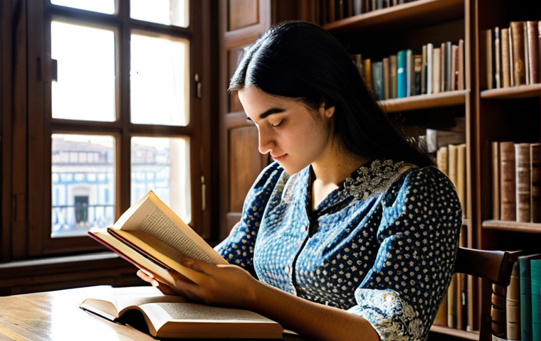 **

"A serene library scene in Lisbon, Portugal. A young woman with dark hair, fully clothed in a modest floral dress, sits reading a classic Portuguese novel.  Sunlight streams through the window, illuminating dust motes dancing in the air. Bookshelves filled with antique volumes stretch into the distance.  safe for work, appropriate content, professional, perfect anatomy, natural pose, high quality, family-friendly."

**