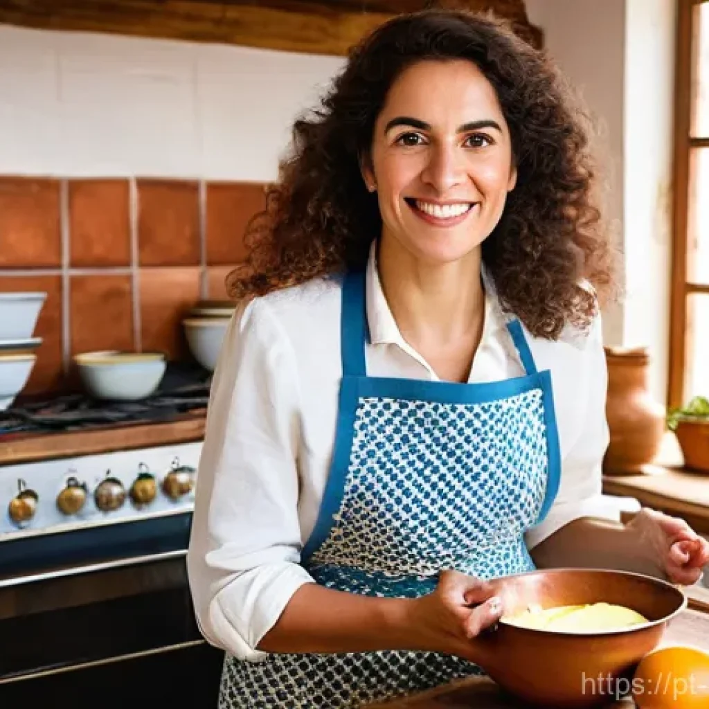 디저트 만들기 - **A joyful Portuguese woman in her late 20s to early 30s, with a radiant smile, stands in a brightly...