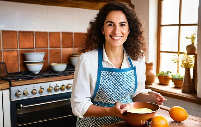 디저트 만들기 - **A joyful Portuguese woman in her late 20s to early 30s, with a radiant smile, stands in a brightly...