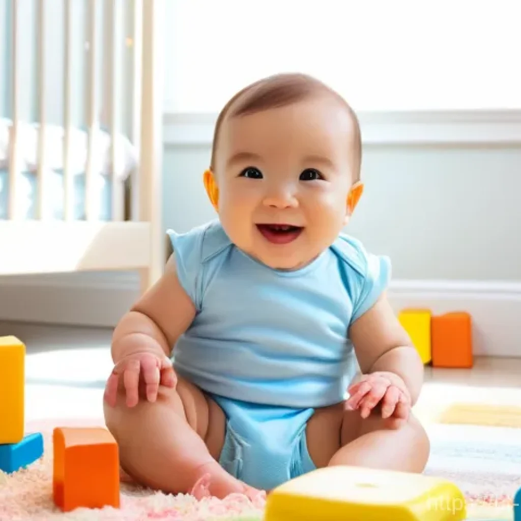 셀카 찍는 법 - A joyful baby, around 9-12 months old, sitting upright on a plush, soft rug in a brightly lit nurser...