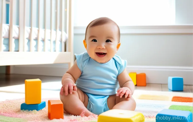 셀카 찍는 법 - A joyful baby, around 9-12 months old, sitting upright on a plush, soft rug in a brightly lit nurser...