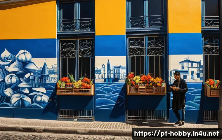 컬러 이론 공부 - **A vibrant street art mural in Lisbon, Portugal.** The mural depicts a modern take on traditional P...