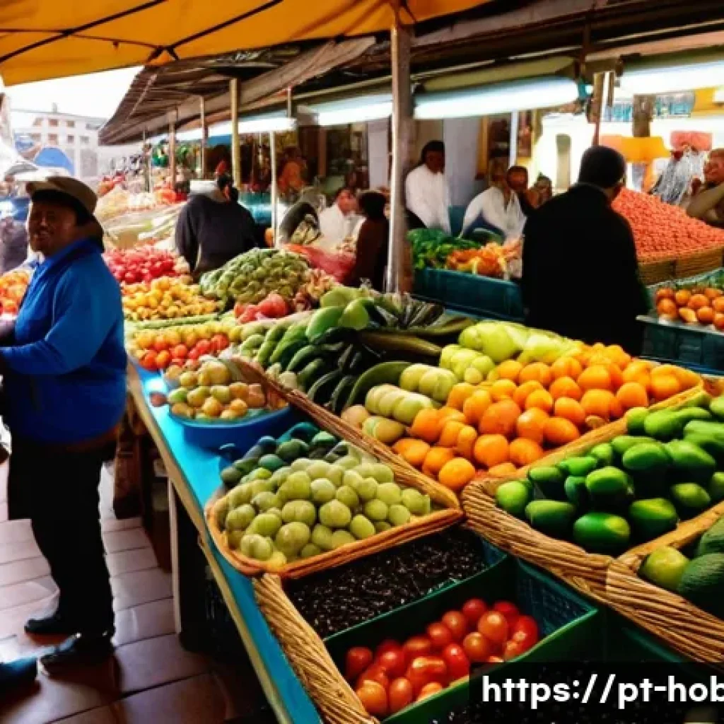 맛집 여행 - **Vibrant Portuguese Market Scene**: A wide-angle, bustling shot inside a traditional Portuguese foo...