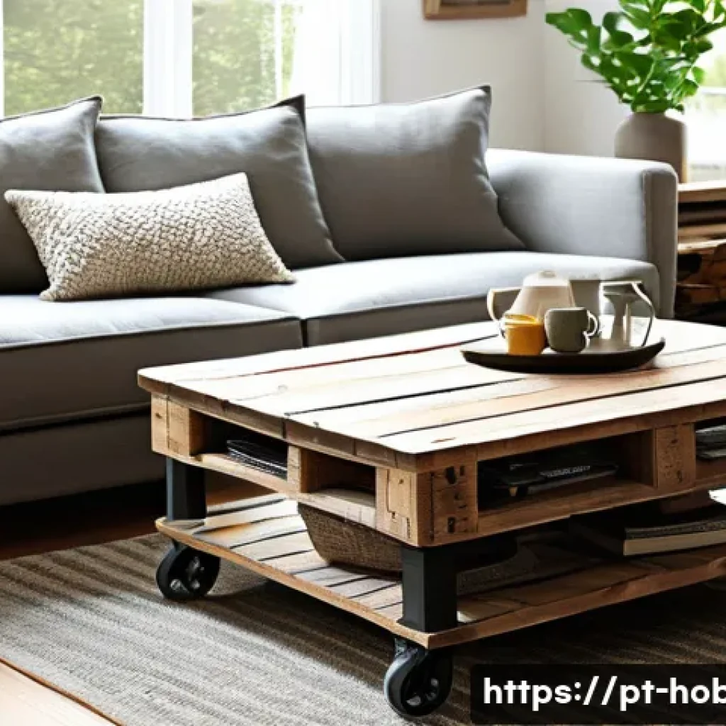 DIY 재활용 아이디어 - A cozy rustic living room scene featuring a handcrafted coffee table made from repurposed wooden pal...