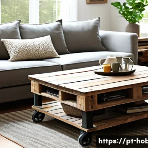 DIY 재활용 아이디어 - A cozy rustic living room scene featuring a handcrafted coffee table made from repurposed wooden pal...