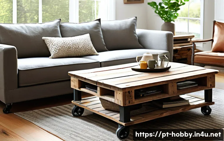 DIY 재활용 아이디어 - A cozy rustic living room scene featuring a handcrafted coffee table made from repurposed wooden pal...