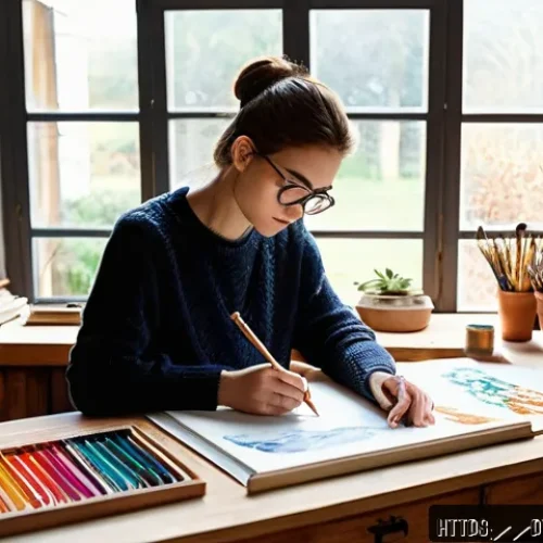 미술 강좌 추천 - A cozy home art studio scene featuring a young adult artist practicing traditional pencil drawing te...
