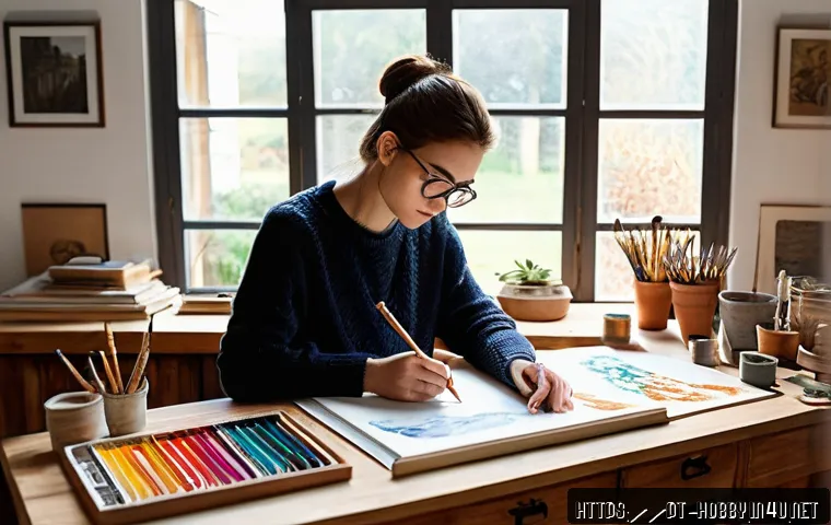미술 강좌 추천 - A cozy home art studio scene featuring a young adult artist practicing traditional pencil drawing te...