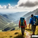 액티브 여행지 추천 - A panoramic view of hikers trekking through the diverse landscapes of Serra da Mantiqueira in southe...