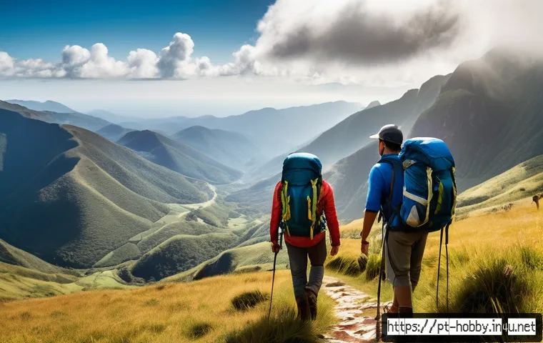 액티브 여행지 추천 - A panoramic view of hikers trekking through the diverse landscapes of Serra da Mantiqueira in southe...