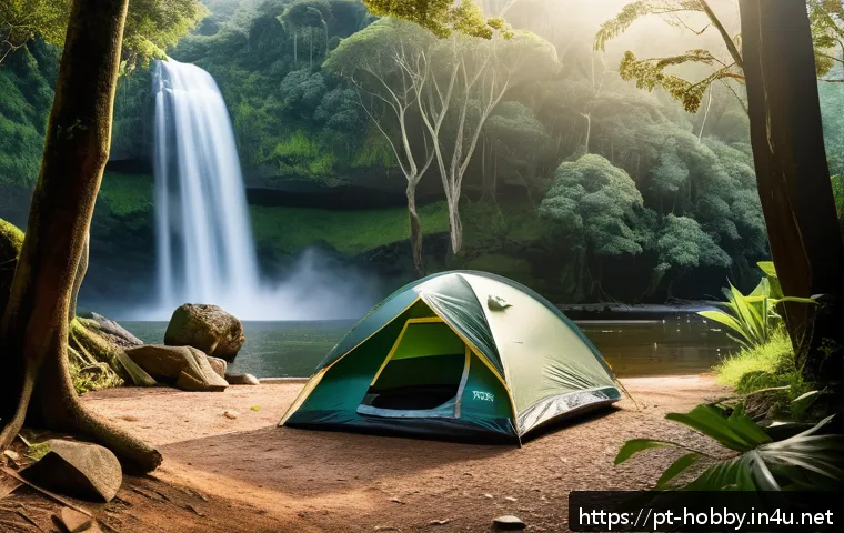 캠핑 여행지 - A serene camping scene at Serra da Canastra National Park, Brazil, showcasing a small family tent pi...
