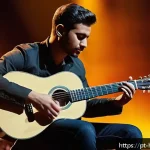 튜닝 악기 - A professional musician tuning a classical acoustic guitar on a warmly lit stage before a live perfo...