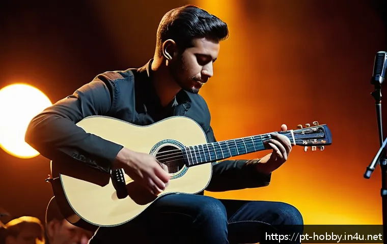 튜닝 악기 - A professional musician tuning a classical acoustic guitar on a warmly lit stage before a live perfo...