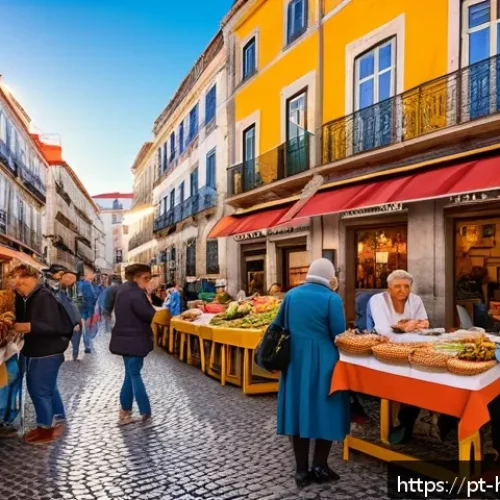 혼자 여행 팁 - A vibrant street scene in Lisbon during sunset, showcasing colorful historic buildings with azulejo ...