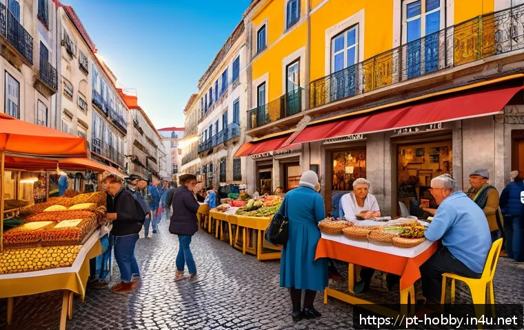 혼자 여행 팁 - A vibrant street scene in Lisbon during sunset, showcasing colorful historic buildings with azulejo ...
