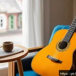 기타 코드 배우기 - A cozy and bright home music corner designed for a beginner guitarist, featuring a classical nylon-s...