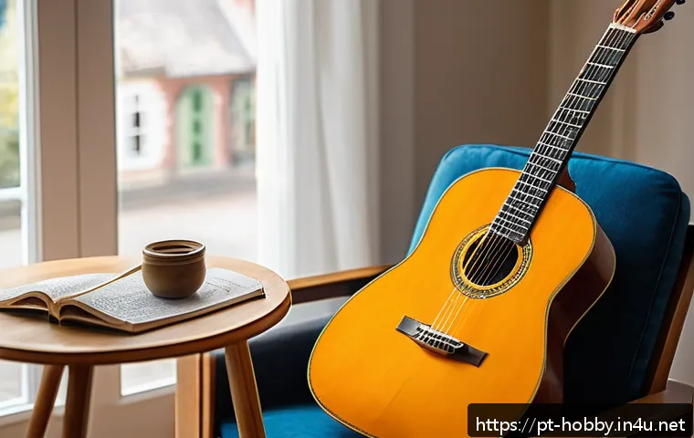 기타 코드 배우기 - A cozy and bright home music corner designed for a beginner guitarist, featuring a classical nylon-s...