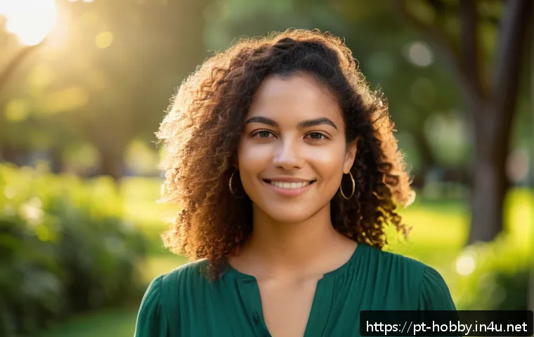 인물 사진 촬영 - A natural outdoor portrait of a young Brazilian woman in her late 20s, standing in a lush park durin...