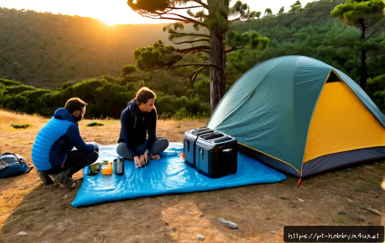 Home 13 캠핑 장비 추천 - Photorealistic camping gear recommendation scene at a Portuguese coastal pine campsite, neatly arran...